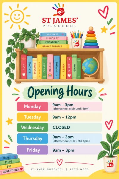 Opening hours for St James' Preschool.