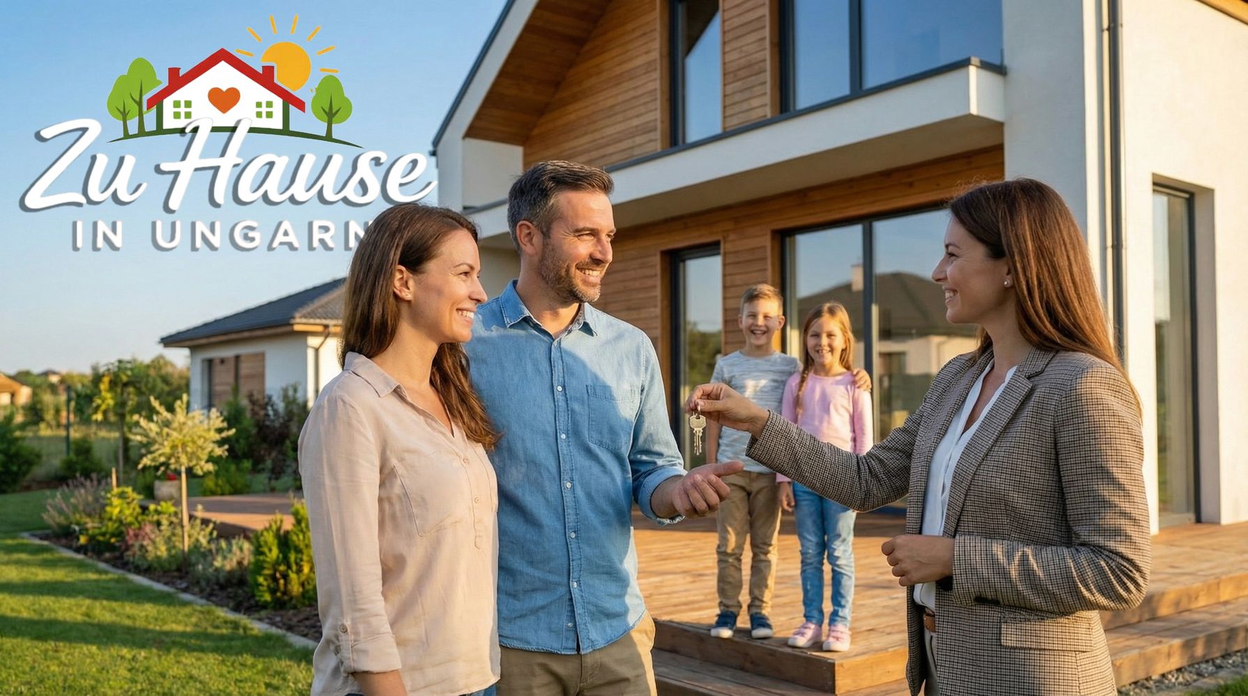 Happy couple receiving house keys from a woman, with kids smiling in the background.
