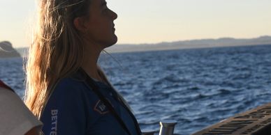 Side profile of a woman gazing at the ocean during sunset.