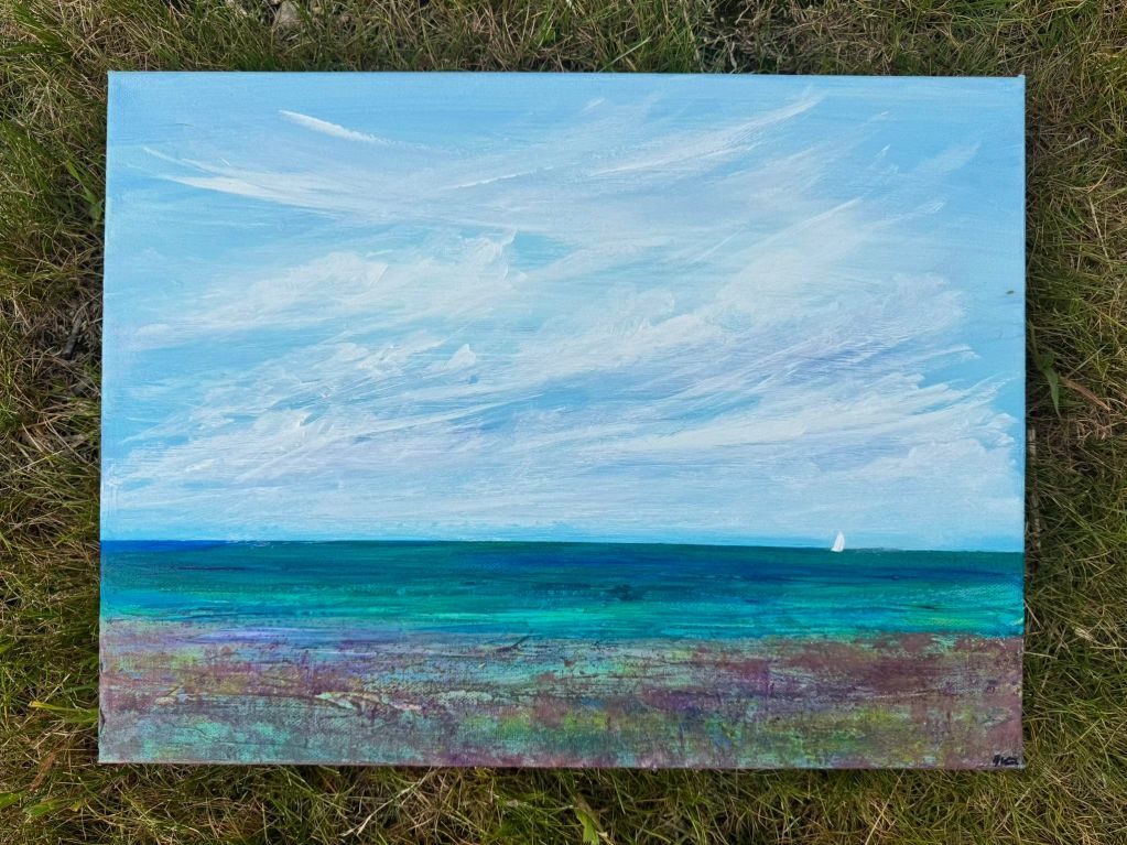 Painting of a calm sea with a distant sailboat under a cloudy sky.