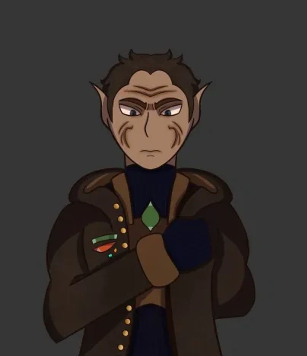 Artwork of a man with a craggy face. He is saluting someone and has medals on his chest.