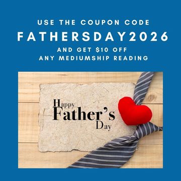 Father's Day coupon for $10 off mediumship reading with a heart and tie.