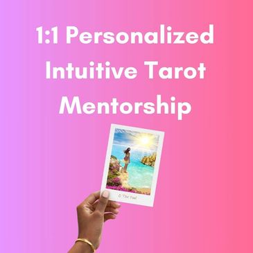Hand holding a tarot card against pink background with mentorship text.