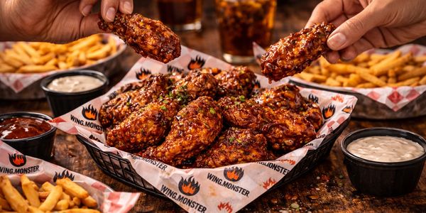 People sharing saucy chicken wings from a Wing.Monster basket with fries and dipping sauces.