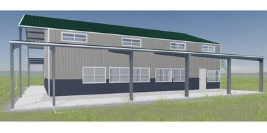 3D rendering of a large two-story barn with a green roof and attached covered area.