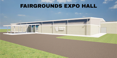 Exterior view of Fairgrounds Expo Hall building with clear sky.