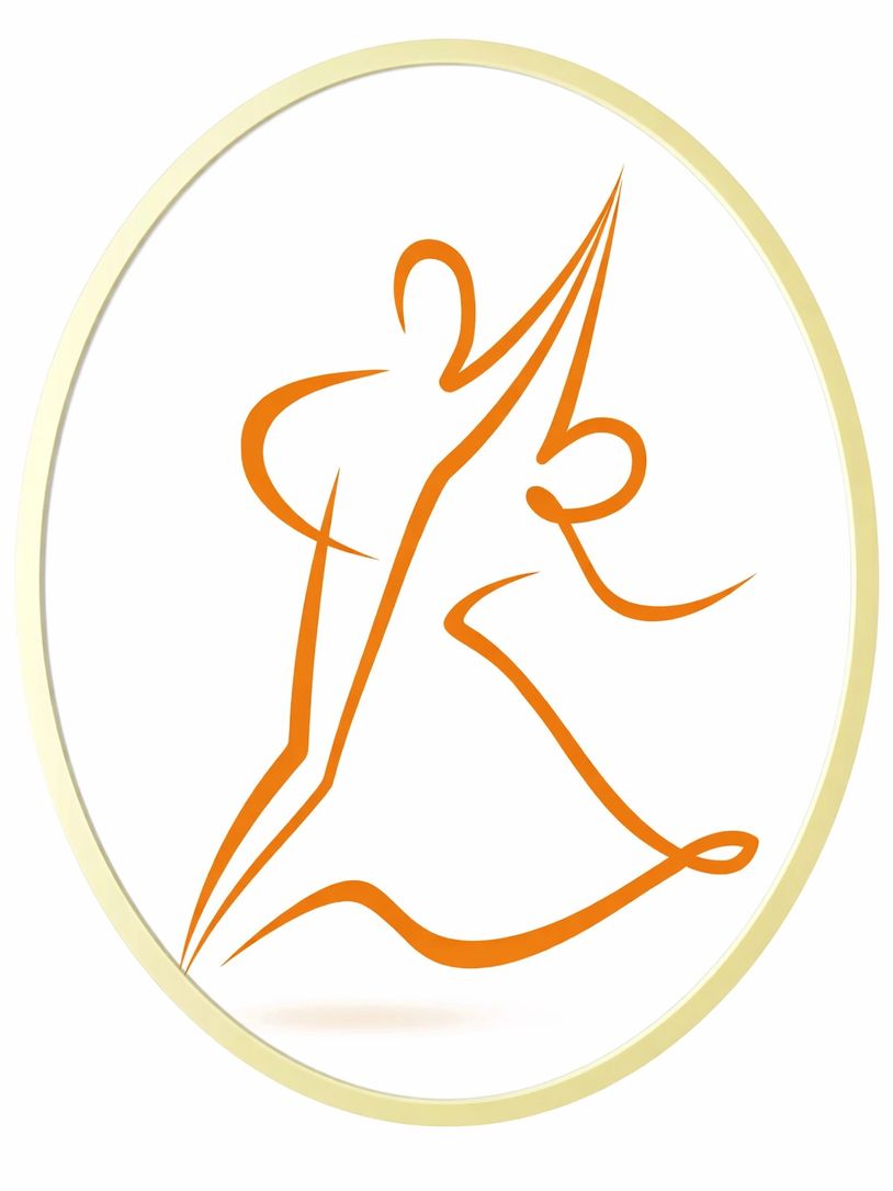 Stylized orange line art of a dancing couple inside a gold oval frame.