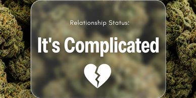 Marijuana buds with a social media like relationship status showing that "It's Complicated"