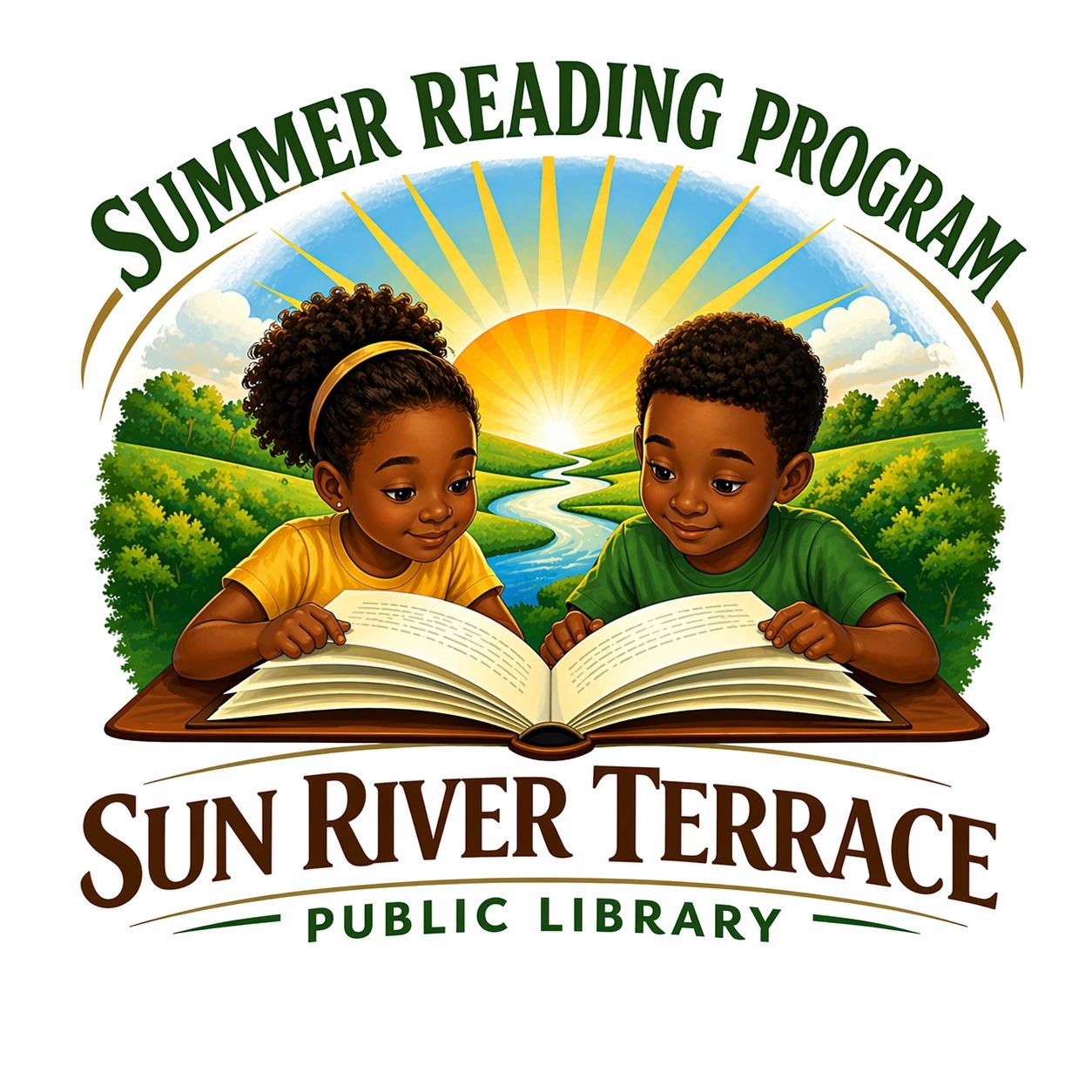 Two children reading a book outdoors with a sunrise background.