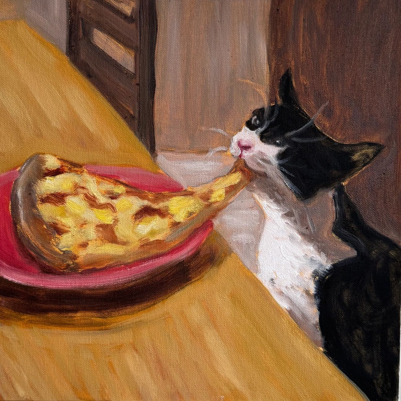 Oil painting of a cat eating pizza at the table.
