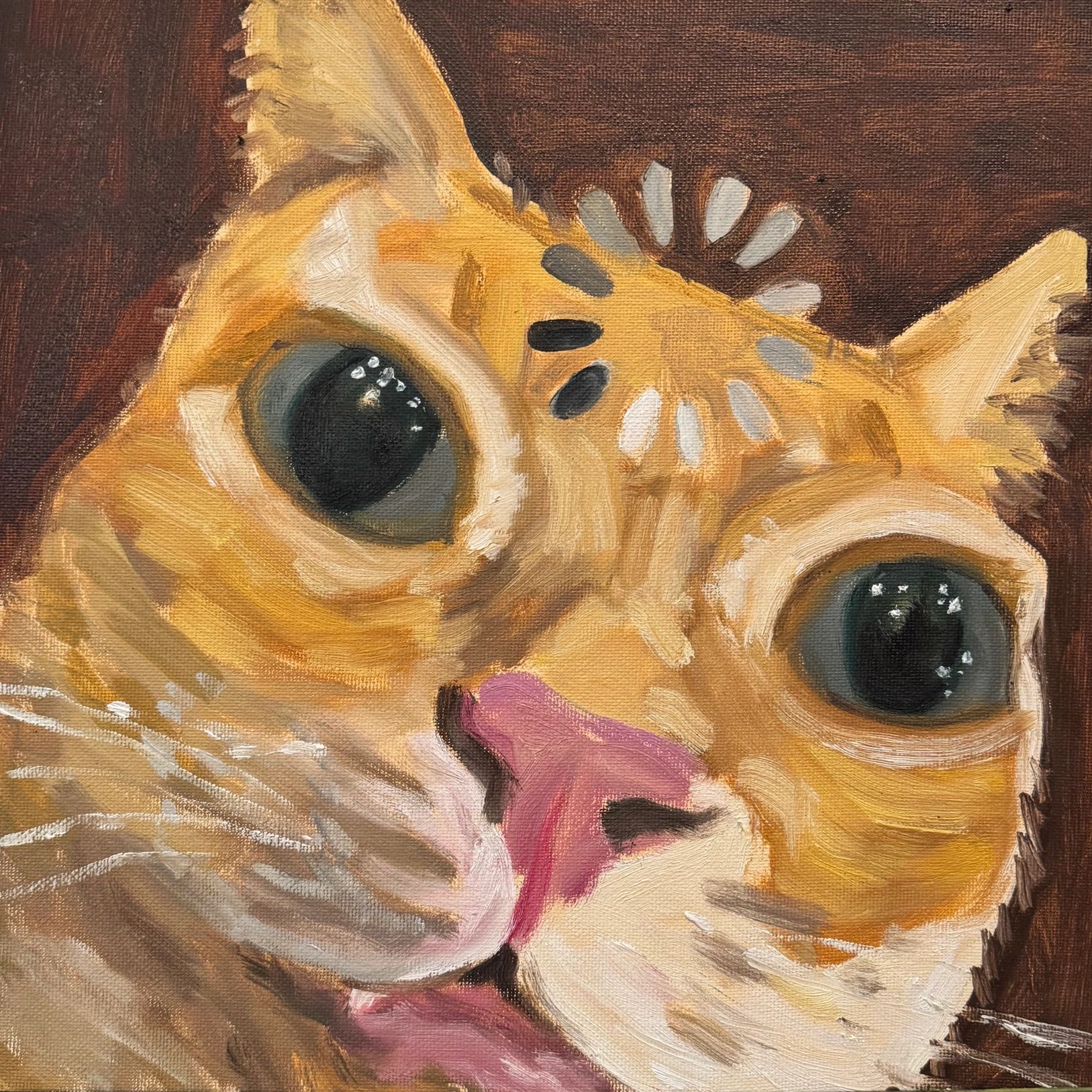 oil painting of a cat with a loading sign on her head.