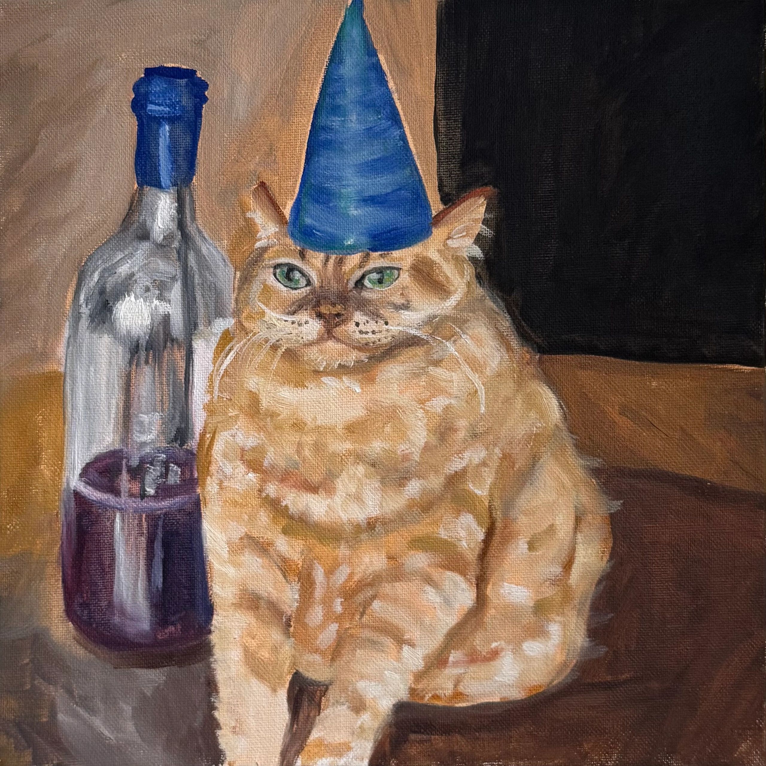 Painting of a cat wearing a blue party hat next to a wine bottle and glass.