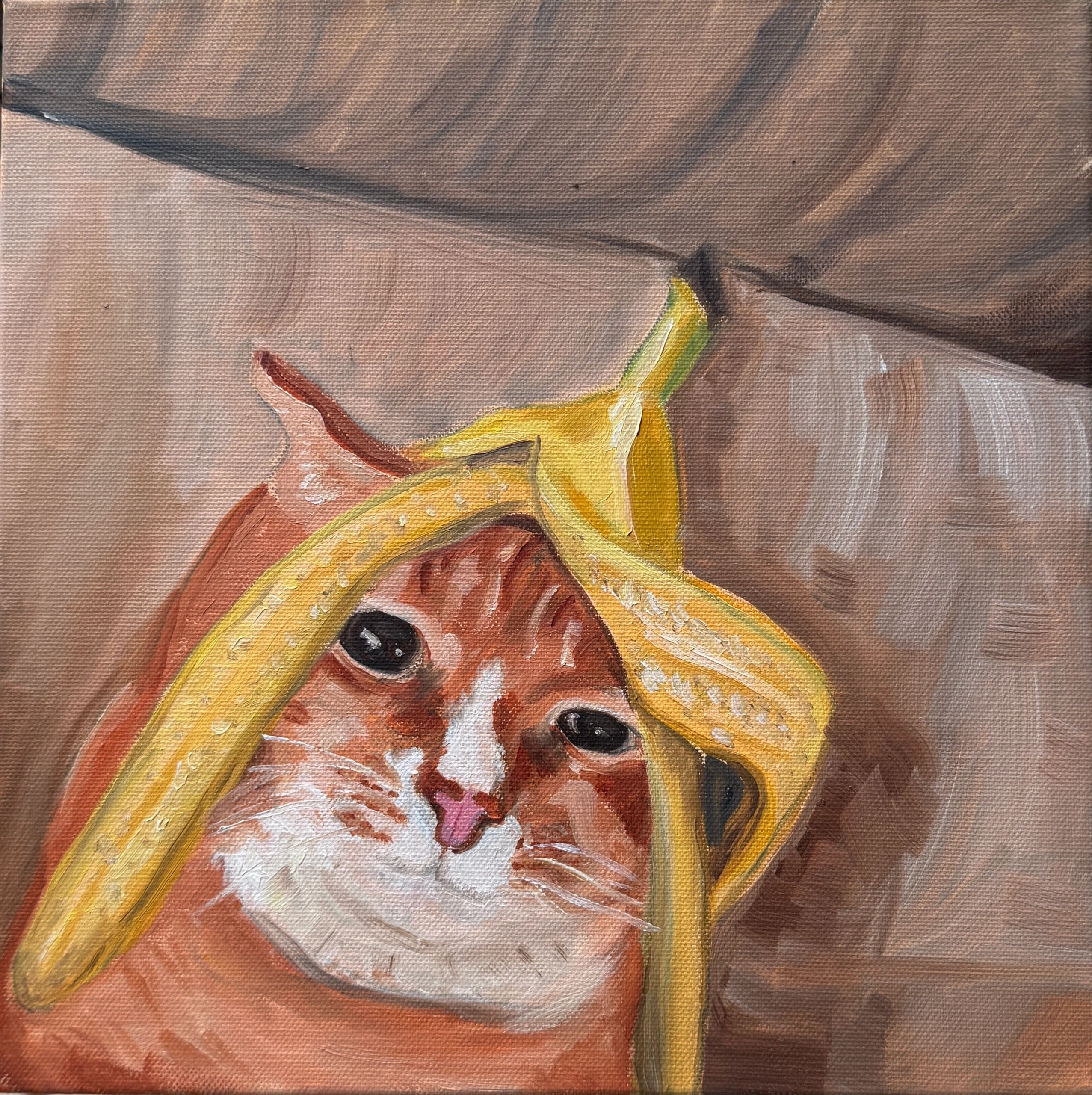 Oil Painting of a cat with a banana on his head.
