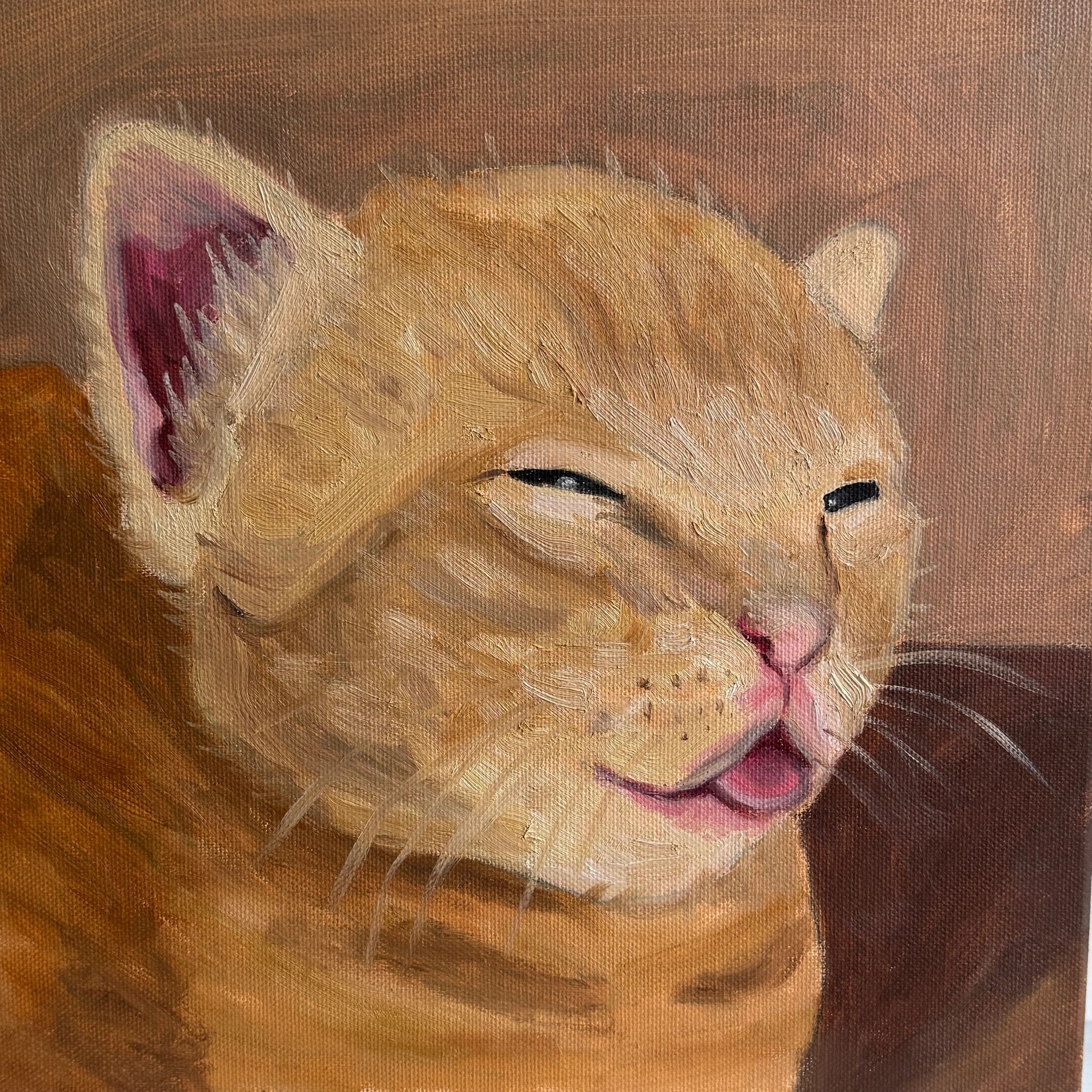 Oil painting of a cat that looks drunk off of milk.