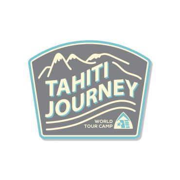 Tahiti Journey travel-themed emblem with mountains and tent.
