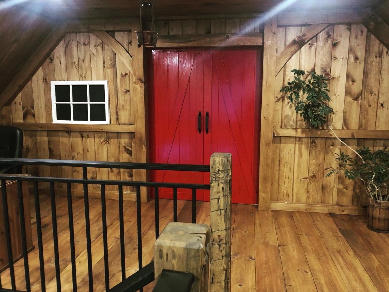 Cozy wooden room with striking red double doors and a potted plant.