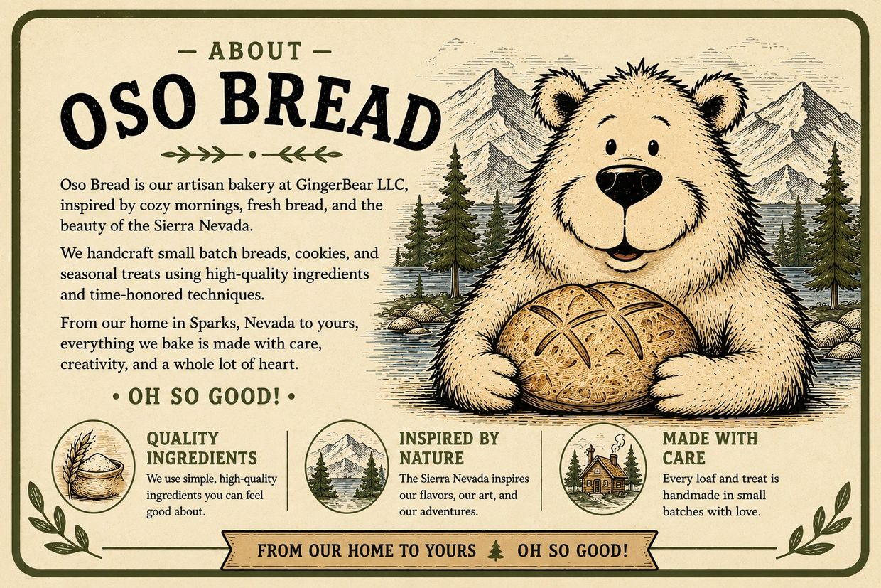 Illustrated flyer for Oso Bread with a bear holding bread, highlighting quality and care.
