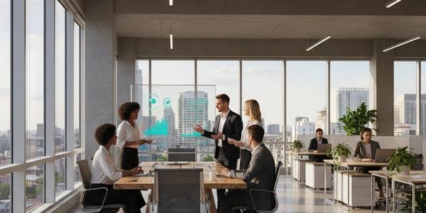 Team meeting in a modern office with city views and digital data displays.