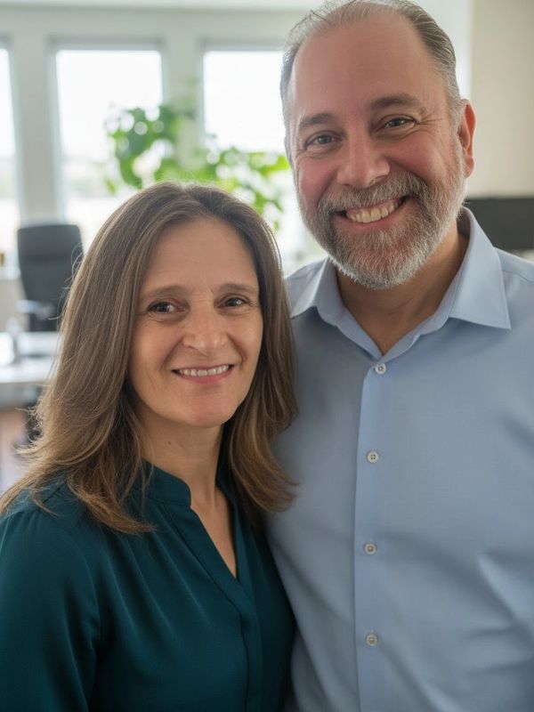 Smiling middle-aged couple indoors.