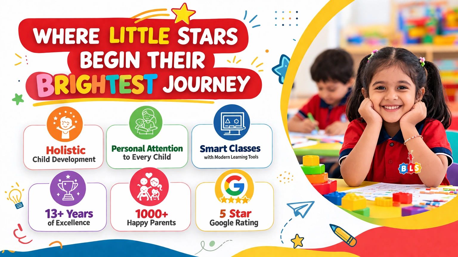 BrightStars preschool offers holistic development with smart classes and a 5-star Google rating.
