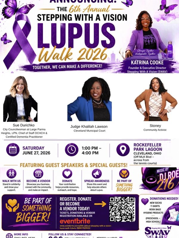 Announcement for the 6th Annual Lupus Walk 2026 featuring guest speakers and activities.