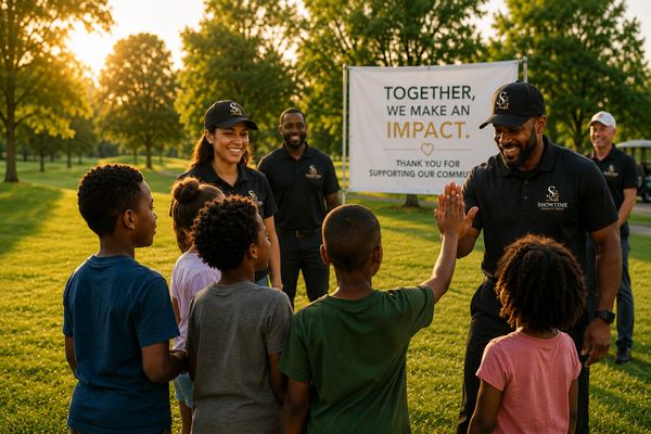 Adults and children engaging in a community event outdoors at sunset.