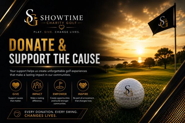 Charity golf event encouraging donations to support community impact and empowerment.