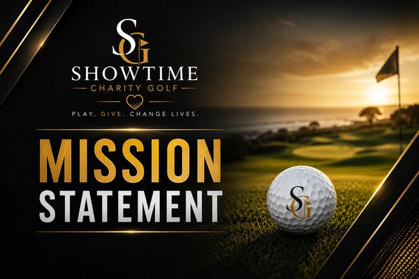Showtime Charity Golf mission statement with golf ball and sunset.