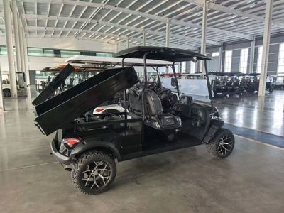 Black utility golf cart with a cargo bed in an indoor showroom.