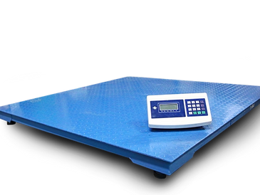 Blue industrial platform scale with digital display.