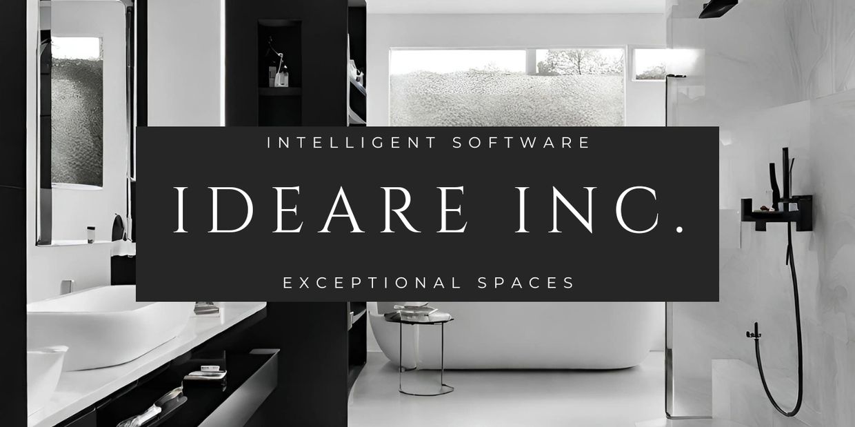 iDeare Inc.  Black and white logo with bathroom in background 