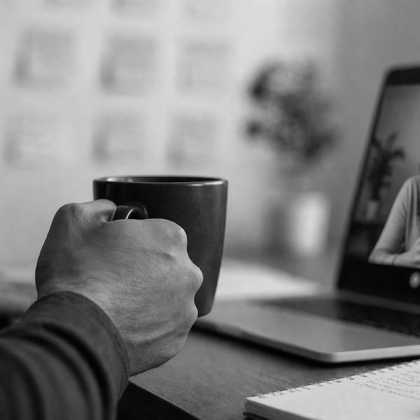 A person holding a mug during a video call with a woman on a laptop.