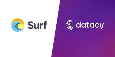 Logos of Surf and Datacy side by side on contrasting backgrounds.