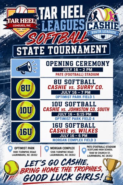 Softball state tournament schedule for Tar Heel Leagues in Cashie, NC.
