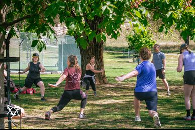 Group exercising outdoors in a park under a tree.