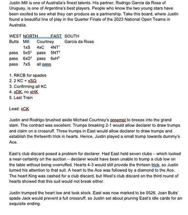 Bridge game summary featuring Justin Mill and Rodrigo Garcia de Rosa in 2023 National Open Teams.
