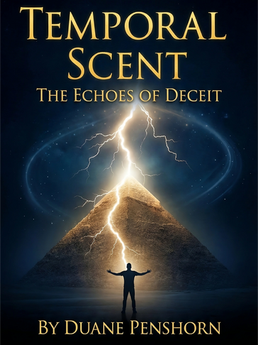 Book cover of 'Temporal Scent: The Echoes of Deceit' with a lightning-struck pyramid and a silhouetted figure.