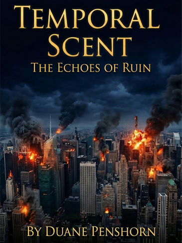 Book cover of 'Temporal Scent: The Echoes of Ruin' by Duane Penshorn, showing a city ablaze with fires and smoke.