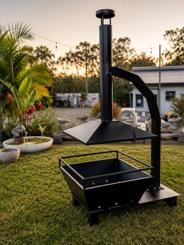 Steel fire pit chimney hood perfect for entertaining.