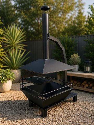 Steel fire pit with grill and chimney hood perfect for entertaining.