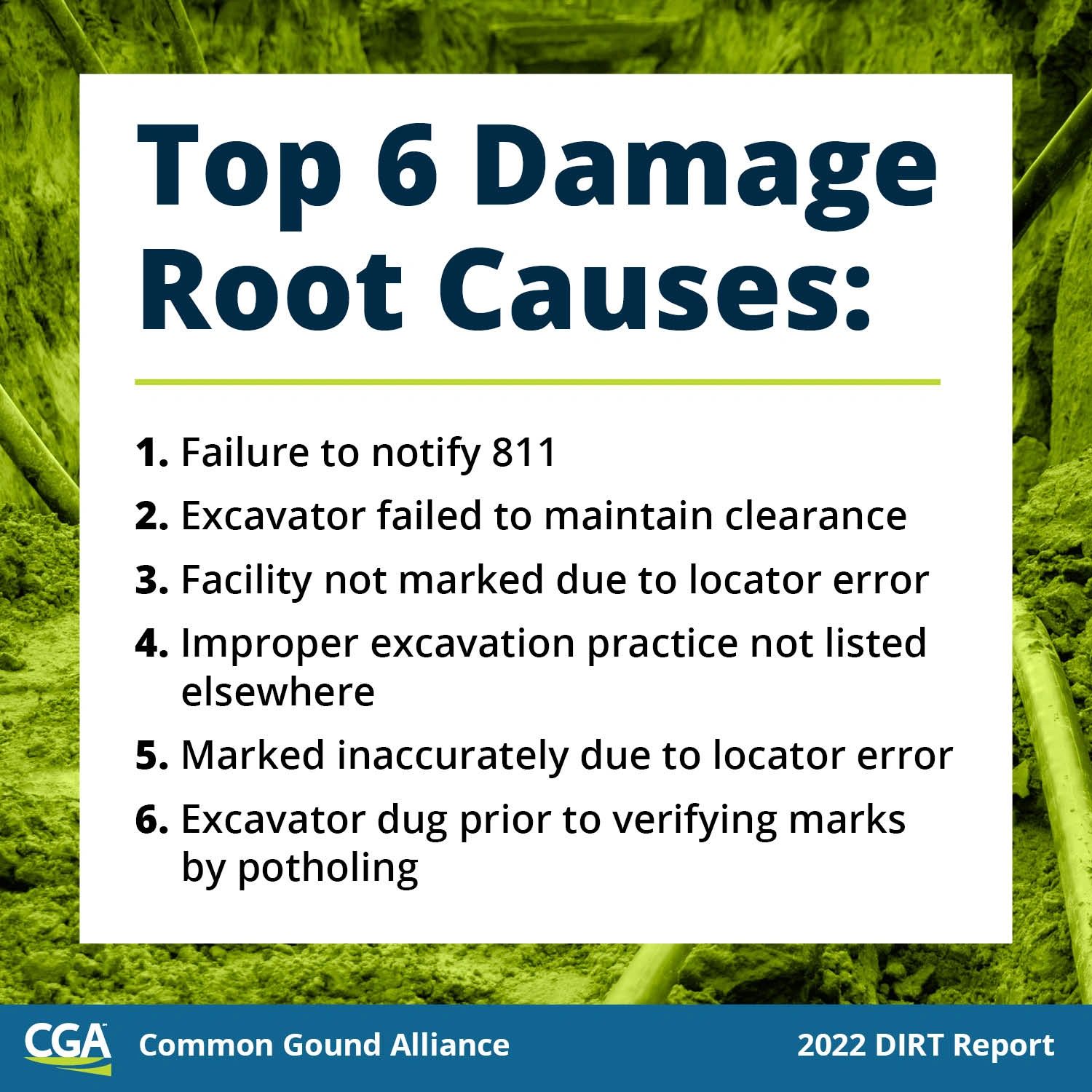 Top 6 root causes. Common Ground Alliance resources. DIRT Report