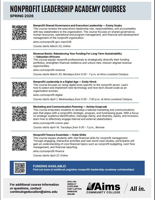 Flyer listing Spring 2026 nonprofit leadership courses at Aims Community College with course details and schedules.
