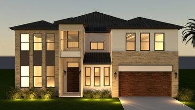 Modern two-story house with illuminated windows at dusk.