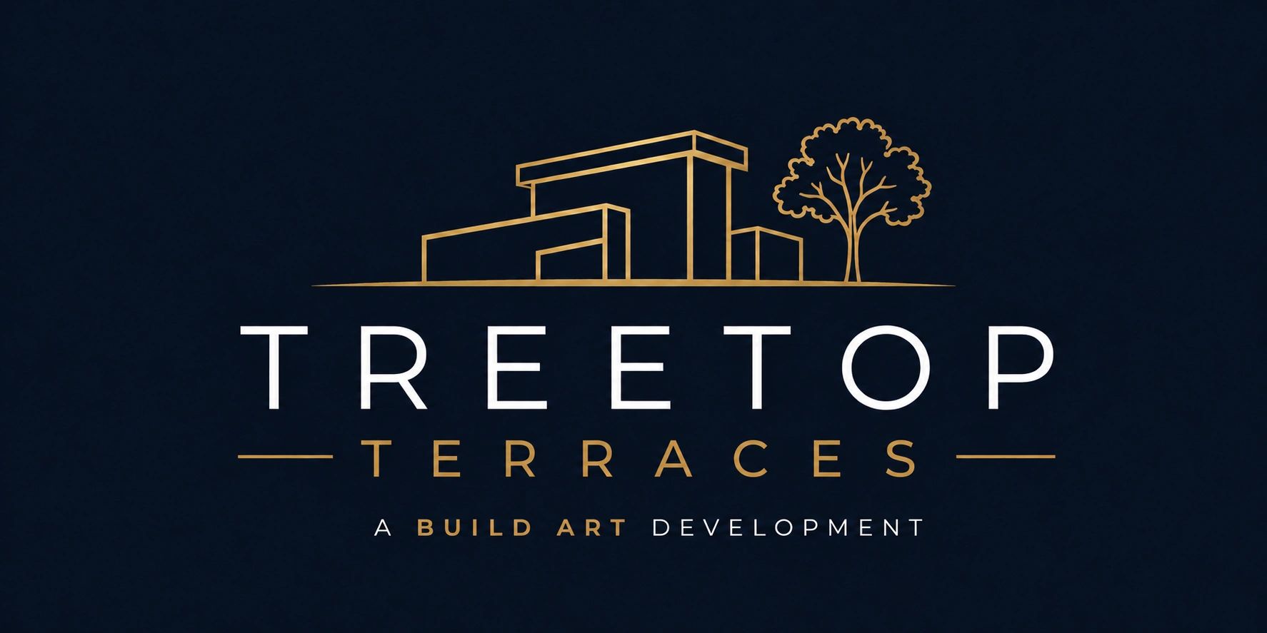 Elegant logo for Treetop Terraces with gold building and tree design on dark background.