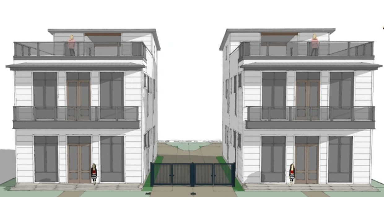 A 3D rendering of two modern three-story houses with balconies and gated entrance.