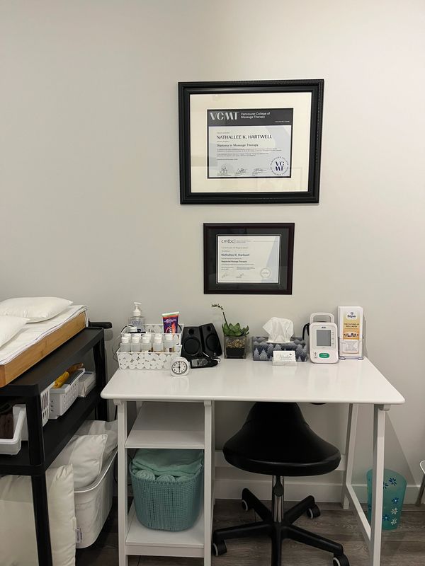 massage therapy room desk area and certificates for massage therapy and RMT registration
