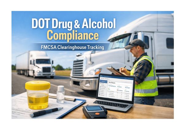 DOT Drug & Alcohol Compliance with trucks, testing equipment, and a worker in safety vest.