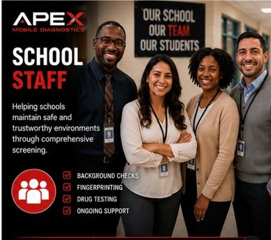 Smiling school staff promoting Apex Mobile Diagnostics services.