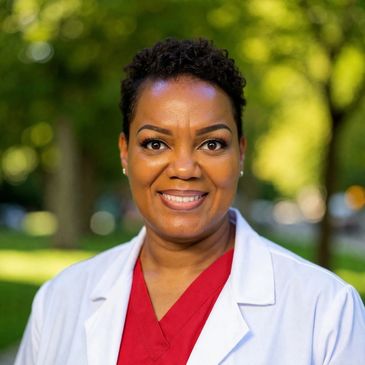 Smiling female doctor in white coat outdoors with green trees.