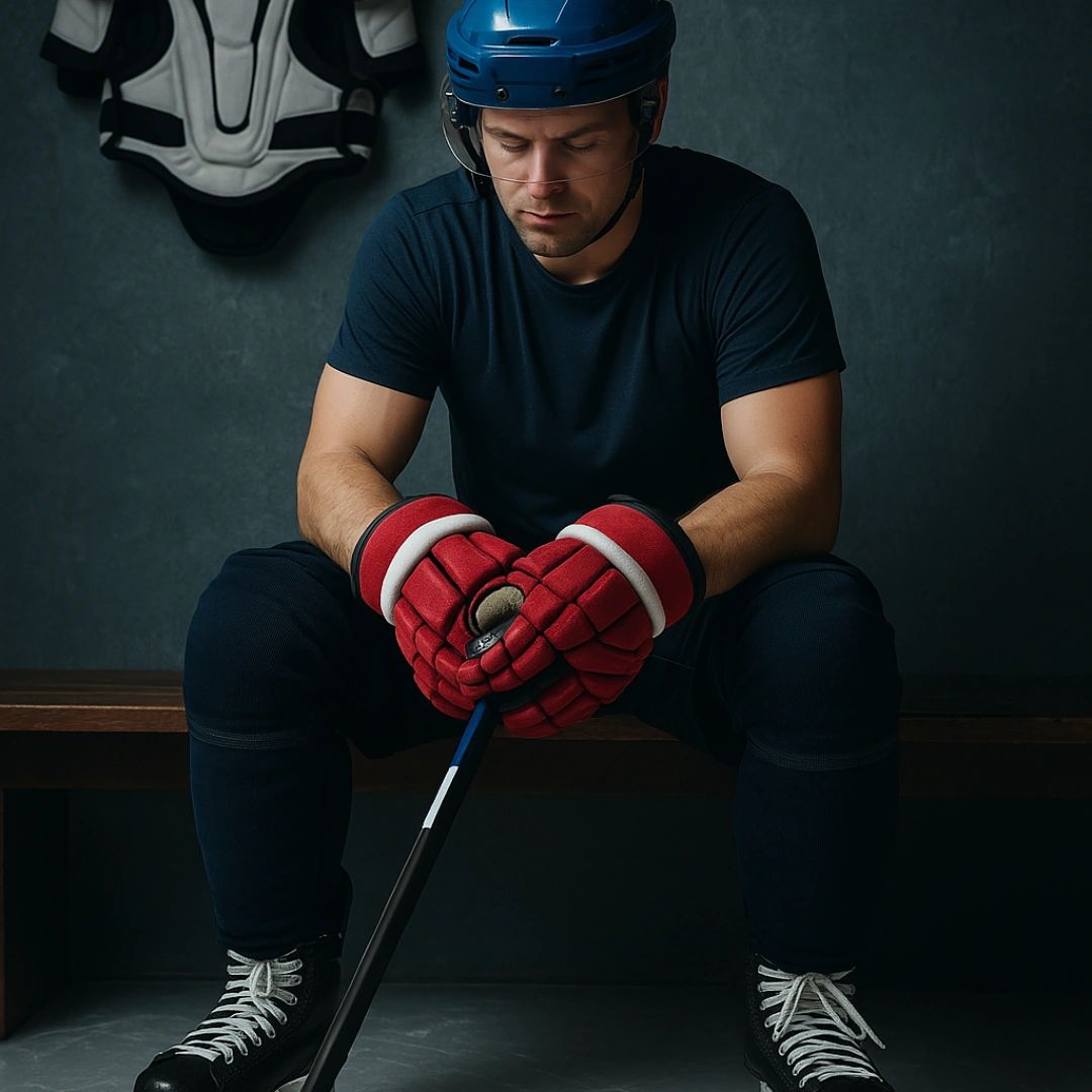 A hockey player sitting on a bench in a dressing room preparing for their ID Skate, Try out, or Evaluation